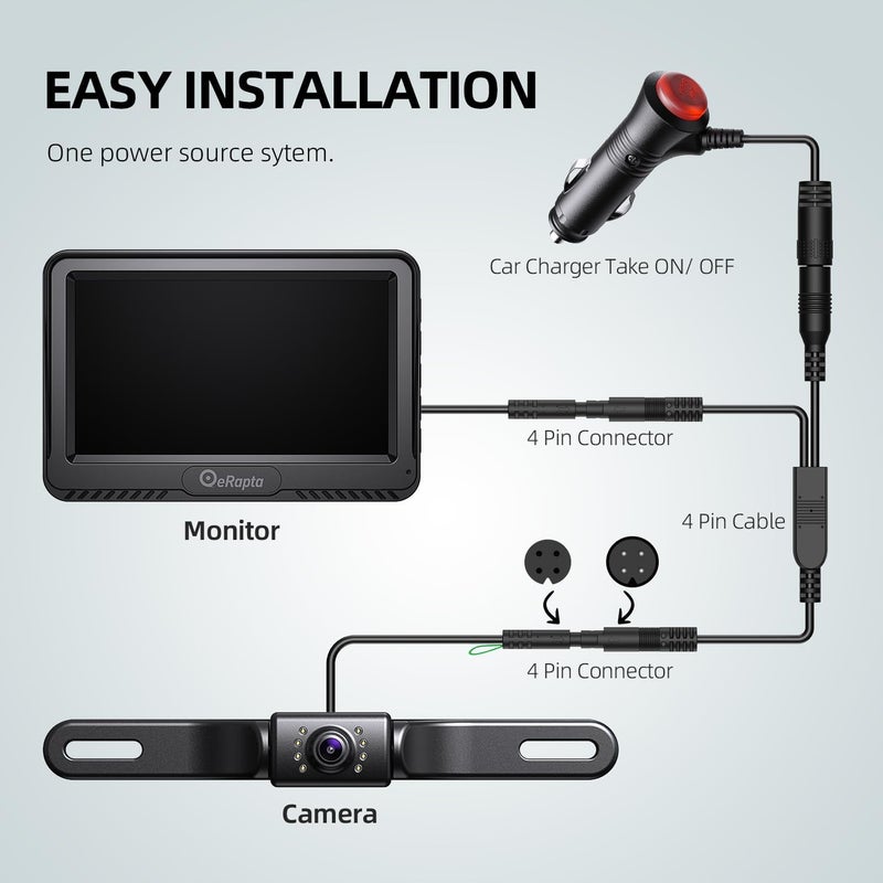 eRapta Backup Camera 4.3''HD 1080P Front Rear View Monitor kit IP69 Waterproof Night Vision DIY Grid Lines for Car Trucks RVs Tractors Bus Semi-Trailers Pickup A43 - Image 3